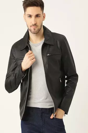 Men;s black lambskin leather jacket motorcycle jacket zipper detail style