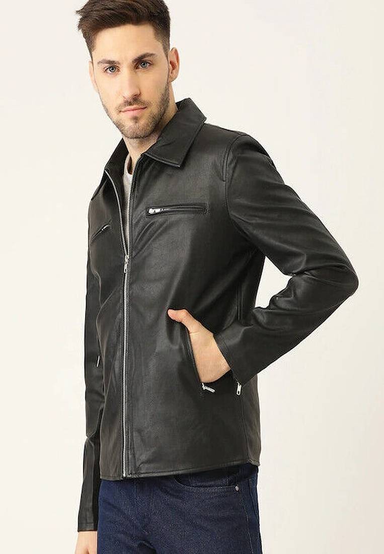 men's black lambskin leather biker jacket classic moto zip style authentic timeless