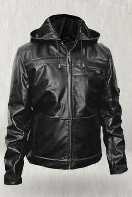 men's black premium lambskin leather jacket hooded biker silhouette premium 1