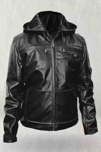 Men's black pure lambskin leather hoodie jacket  collar zip style