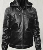 Men's black pure lambskin leather hoodie jacket  collar zip style