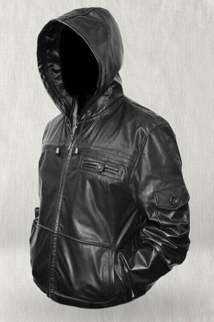 Men's black pure lambskin leather hoodie jacket  collar zip style