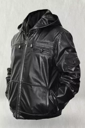 men's black premium lambskin leather jacket hooded biker silhouette premium