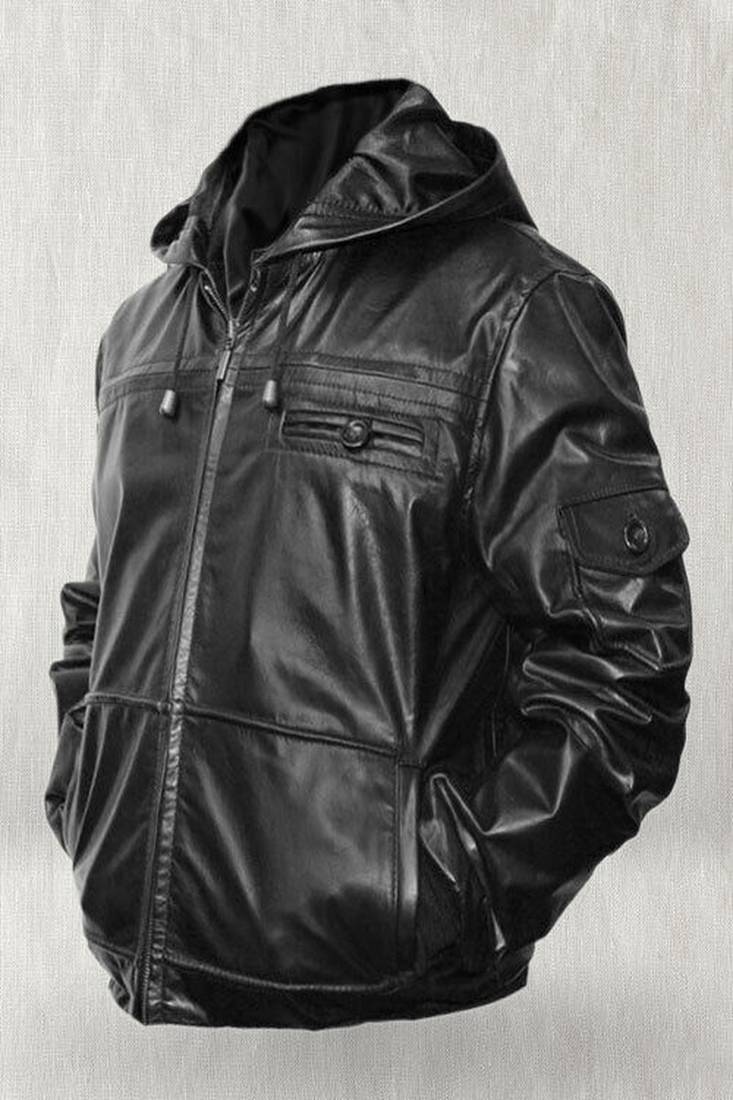 Men's black pure lambskin leather hoodie jacket  collar zip style