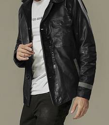 Men's black genuine lambskin leather jacket- gray strip & button detail style