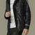 Men's black genuine lambskin leather jacket- gray strip & button detail style