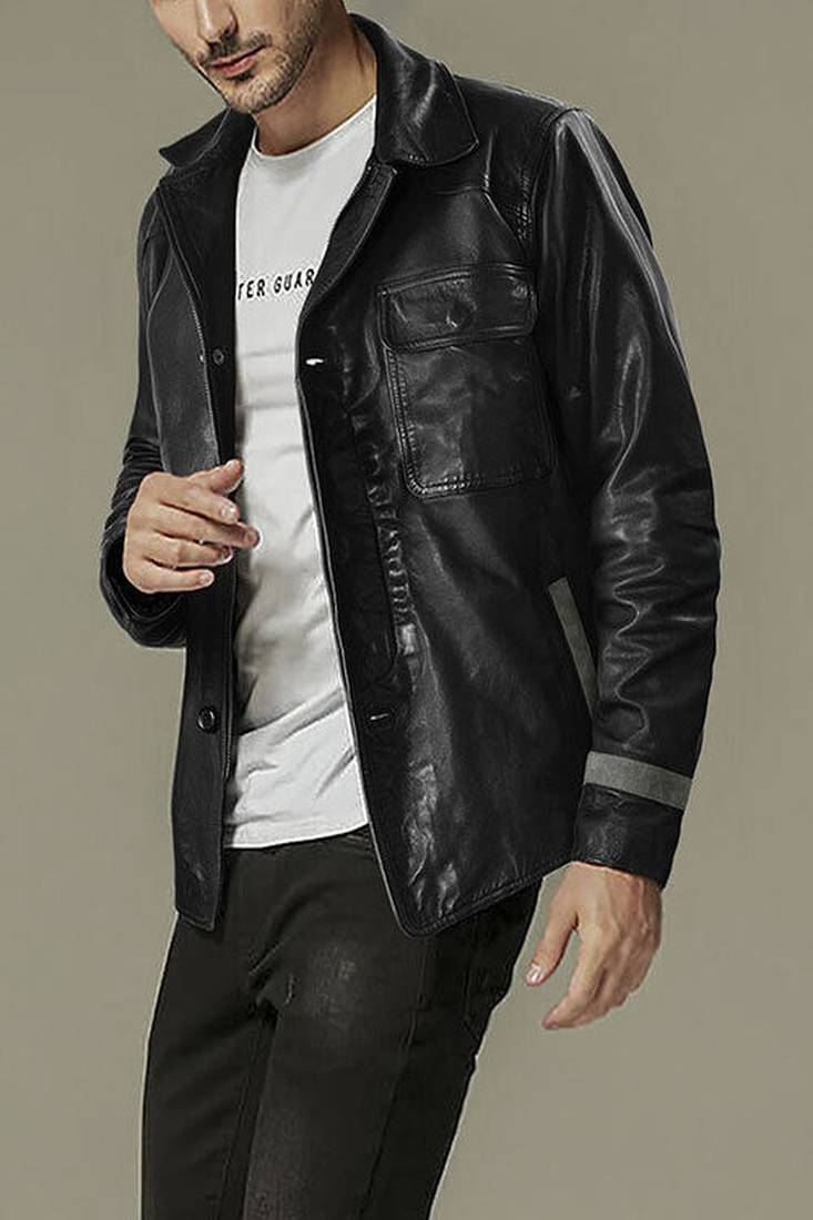 Men's black genuine lambskin leather jacket- gray strip & button detail style
