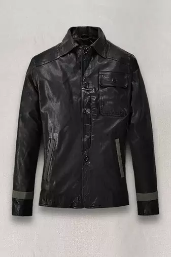 Men's black genuine lambskin leather jacket- gray strip & button detail style