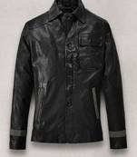 Men's black genuine lambskin leather jacket- gray strip & button detail style