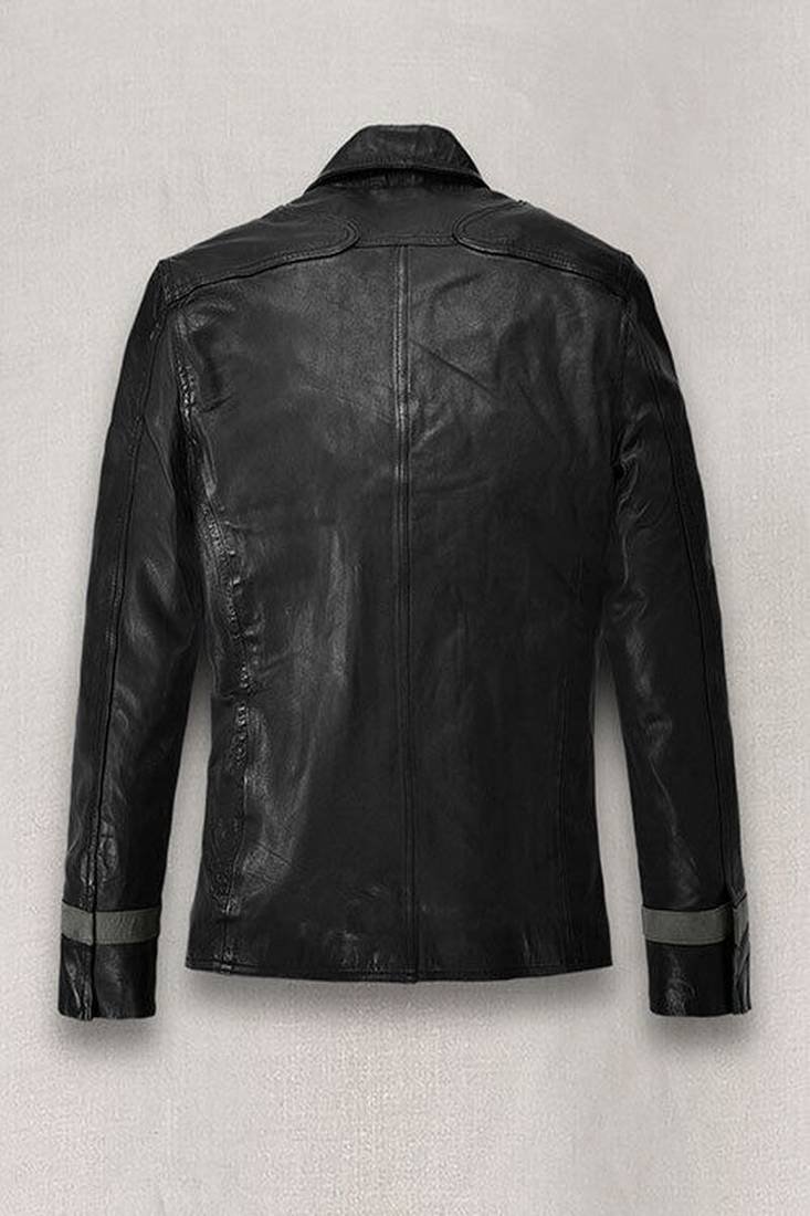 Men's black genuine lambskin leather jacket- gray strip & button detail style
