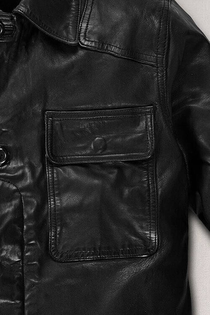 Men's black genuine lambskin leather jacket- gray strip & button detail style