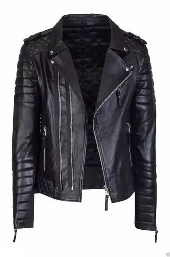 Men's black genuine lambskin leather jacket- multiple zipper & quilted hand style