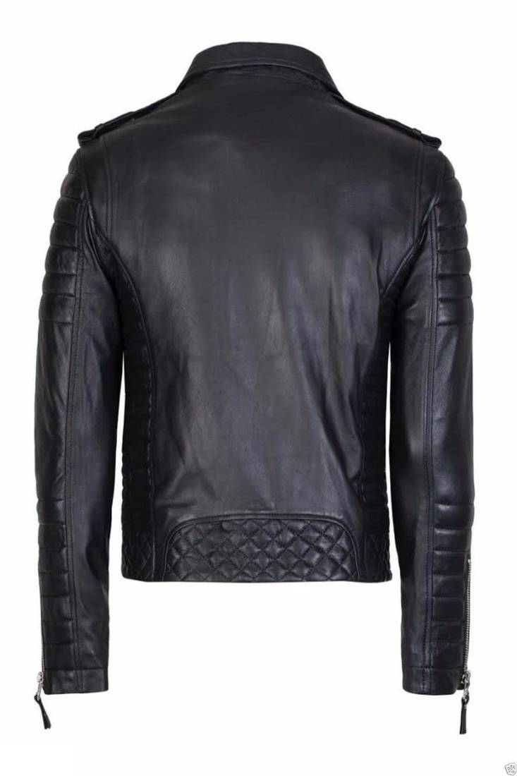 Men's black genuine lambskin leather jacket- multiple zipper & quilted hand style