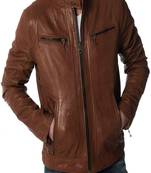 men's brown lambskin cafe racer jacket band collar racer style authentic