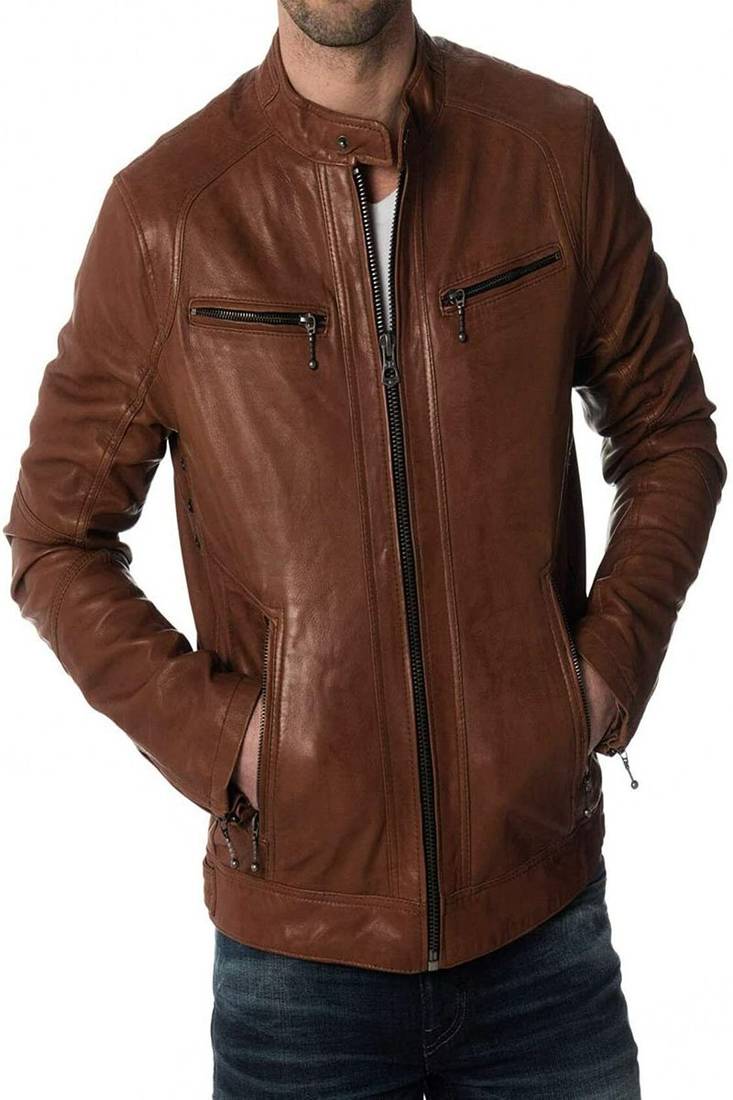 men's brown lambskin cafe racer jacket band collar racer style authentic