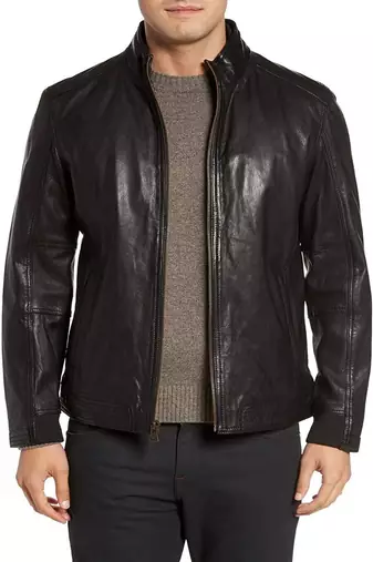 Men's black lambskin leather jacket motorcycle jacket moto style