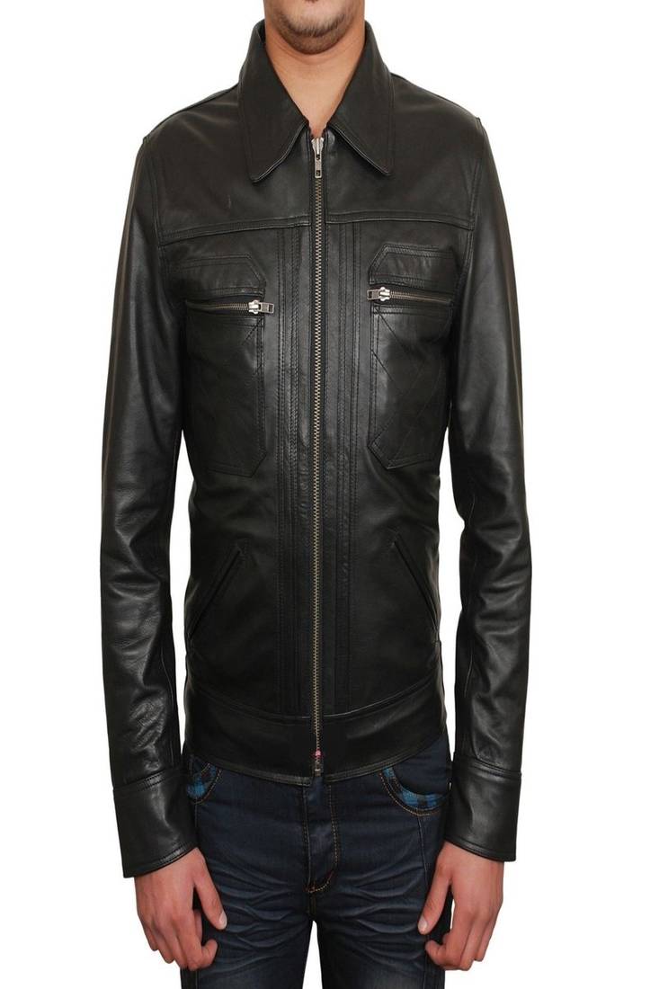 Men's black lambskin leather- 2 pocket & zipper detail style