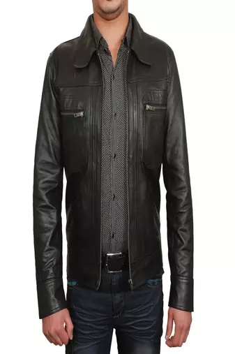 Men's black lambskin leather- 2 pocket & zipper detail style