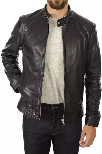 men's black lambskin leather jacket-zipper & caf   racer style