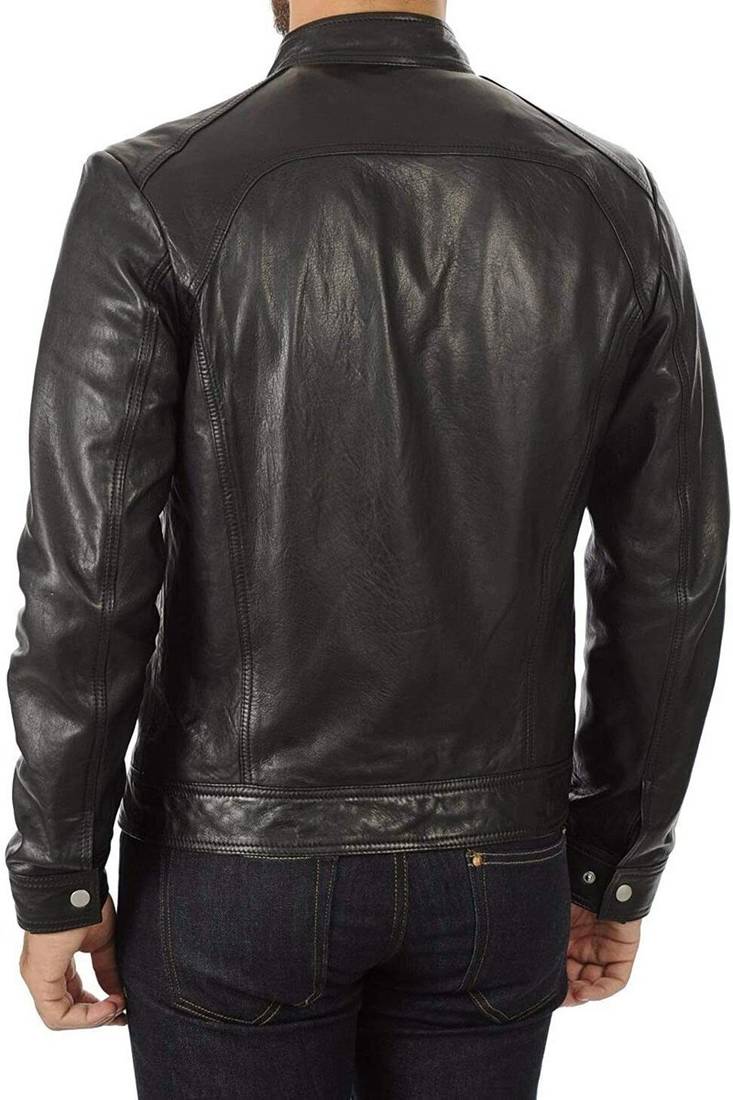 men's black lambskin leather jacket-zipper & caf   racer style