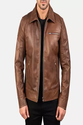 men's brown lambskin leather jacket-zipper & side pocket style