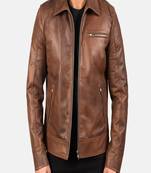 men's brown lambskin leather jacket-zipper & side pocket style