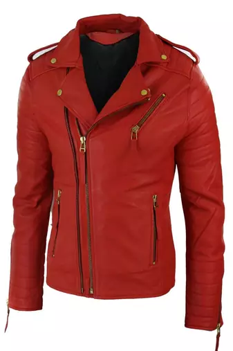 men's red genuine lambskin leather jacket-  asymmetrical zipper & quilted shoulder style
