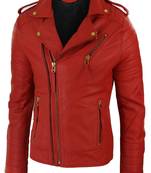 men's red premium lambskin leather jacket quilted shoulder detailing premium