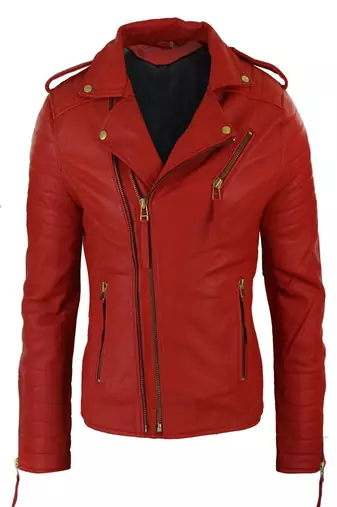men's red premium lambskin leather jacket quilted shoulder detailing premium