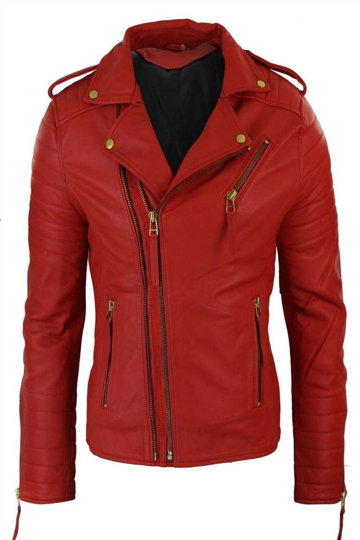 men's red premium lambskin leather jacket quilted shoulder detailing premium