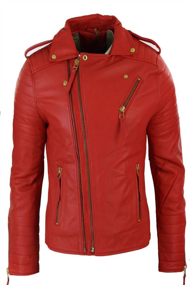 men's red premium lambskin leather jacket quilted shoulder detailing premium