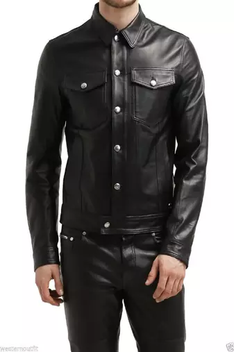 men's black lambskin leather jacket-2 pocket & snap button style