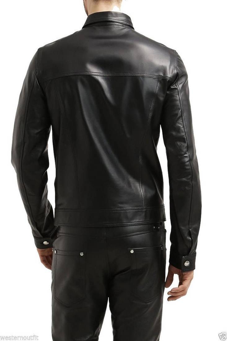 men's black lambskin leather jacket snap button front closure stylish