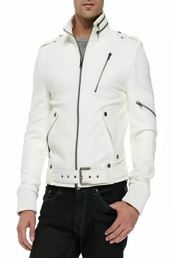 men's white lambskin leather biker jacket asymmetrical zip closure premium