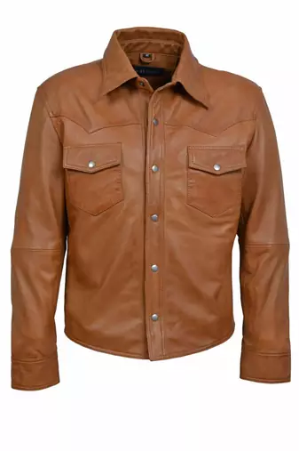 men's brown lambskin leather jacket snap button front closure