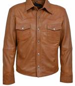 men's brown lambskin leather jacket snap button front closure