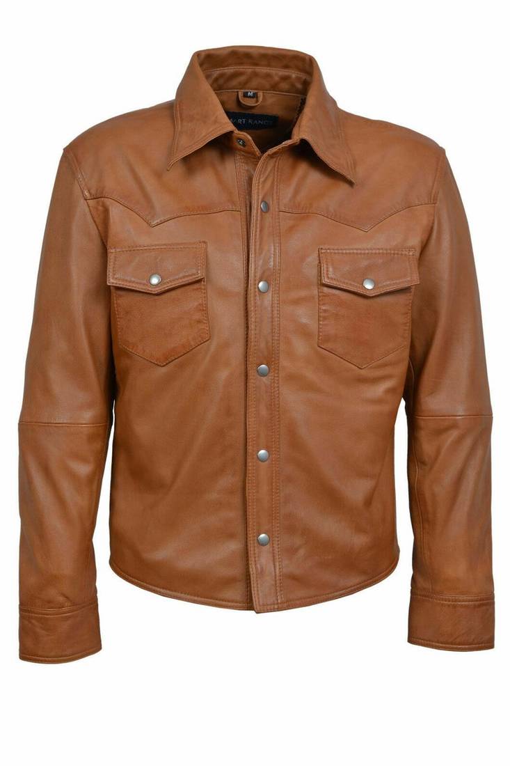 men's brown lambskin leather jacket snap button front closure