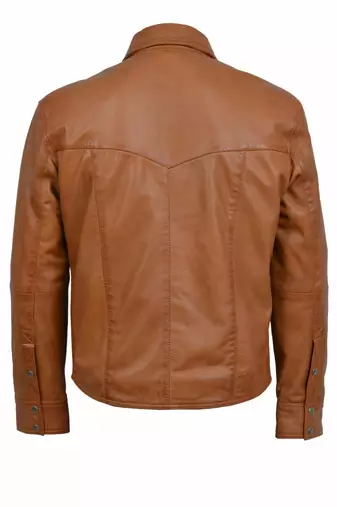 men's brown lambskin leather jacket snap button front closure