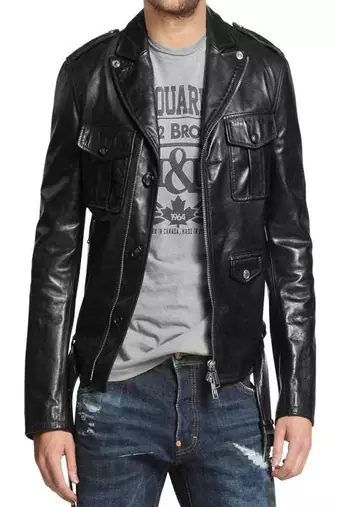 men's black premium lambskin leather jacket adjustable belted waist stylish