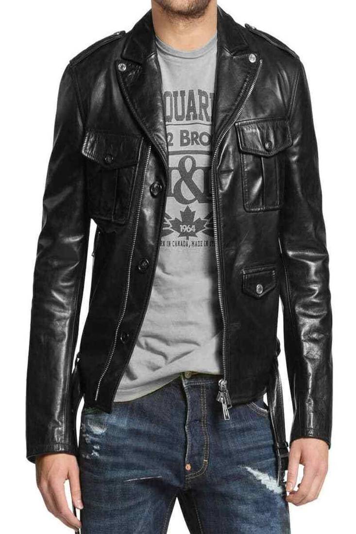 men's black premium lambskin leather jacket adjustable belted waist stylish