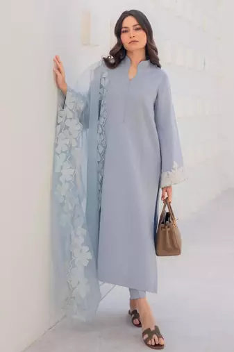Designer powder blue chanderi silk embroidered suit set with organza dupatta for women
