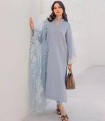 Designer powder blue chanderi silk embroidered suit set with organza dupatta for women