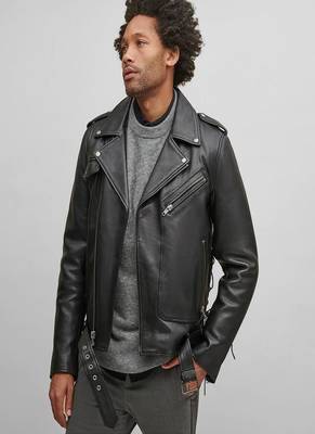 men's black premium lambskin leather jacket asymmetrical zip closure modern 2