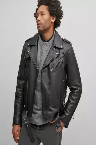 men's black premium lambskin leather jacket asymmetrical zip closure modern