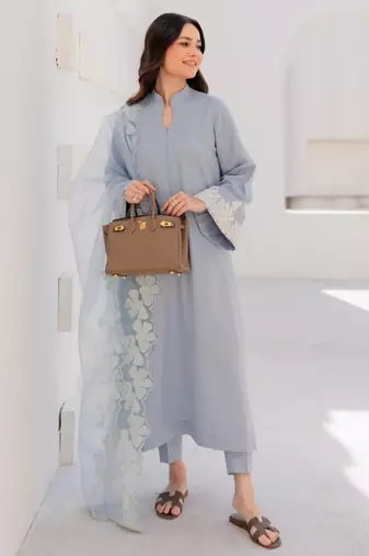 blue chanderi silk blend embroidered suit set with organza dupatta