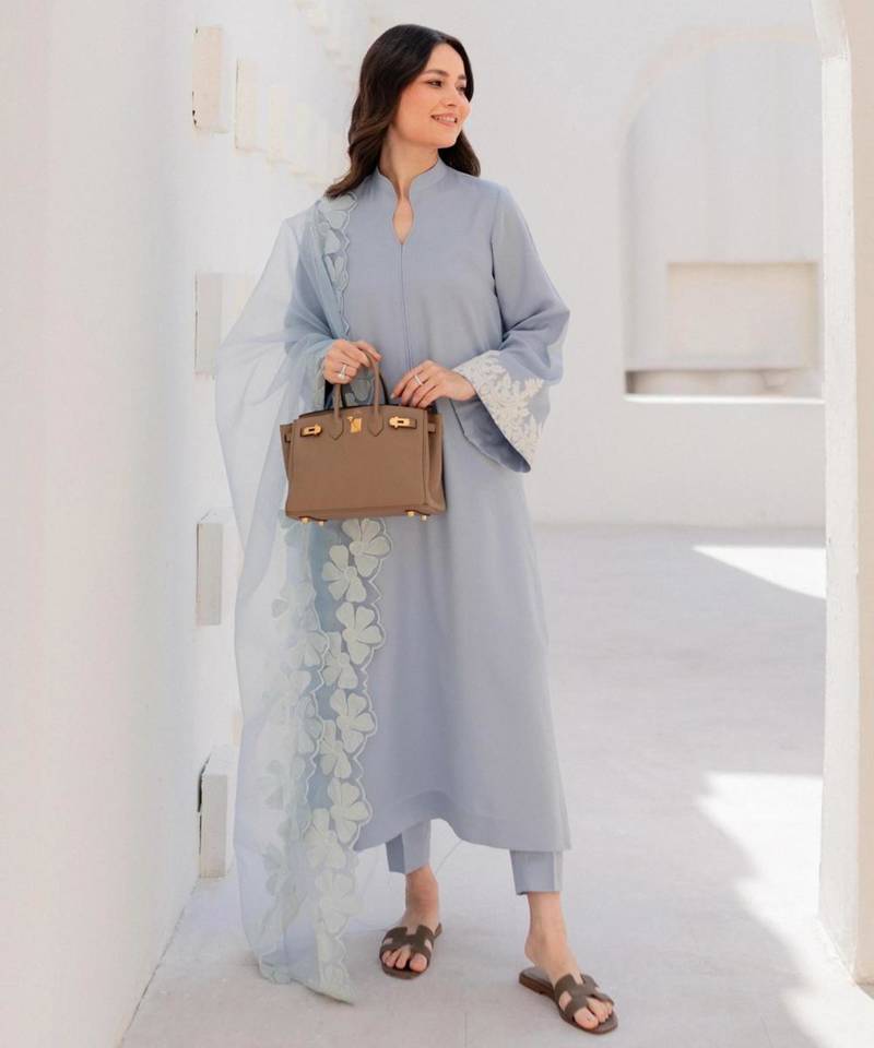 Designer powder blue chanderi silk embroidered suit set with organza dupatta for women
