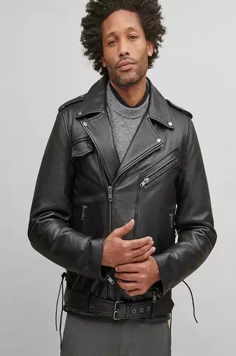 men's black premium lambskin leather jacket asymmetrical zip closure modern