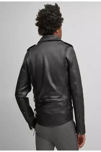 men's black premium lambskin leather jacket asymmetrical zip closure modern