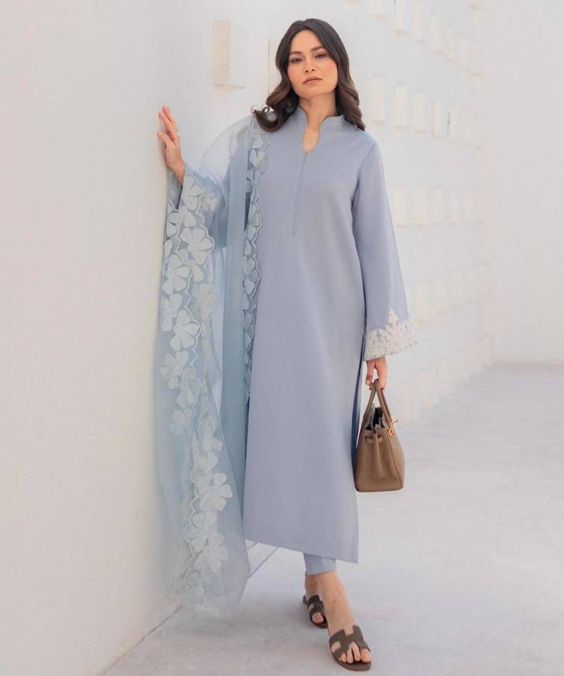 Designer powder blue chanderi silk embroidered suit set with organza dupatta for women