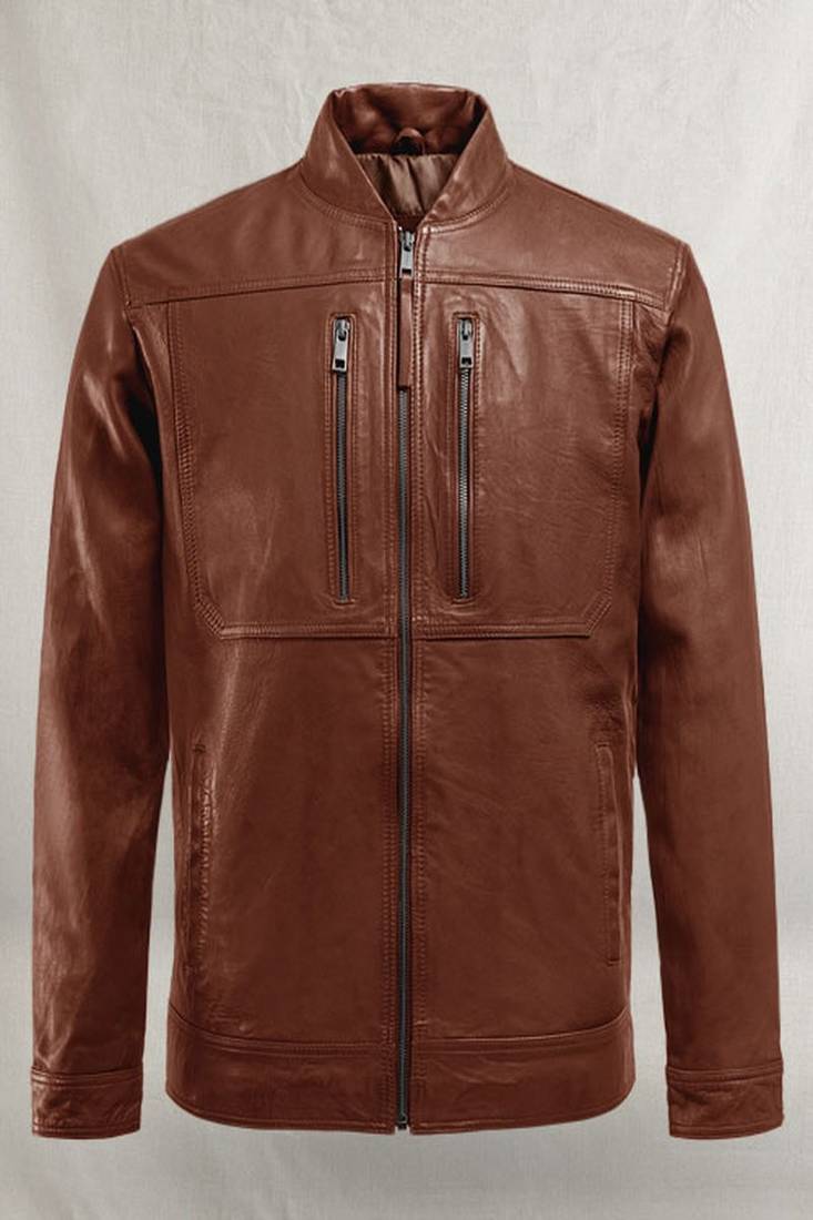 men's brown lambskin leather jacket classic zip up style premium authentic
